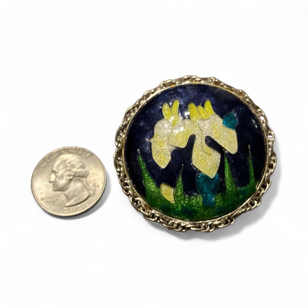 Vintage Iris Lily Botanical Enamel Silver Tone Frame Cloisonné Picture Brooch - Picture 4 of 4